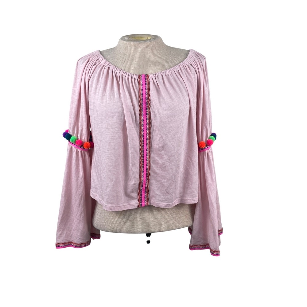 Pitusa Pima Cotton Modal Pink Pom Pom Bell Sleeve Crop Top One Size Peru